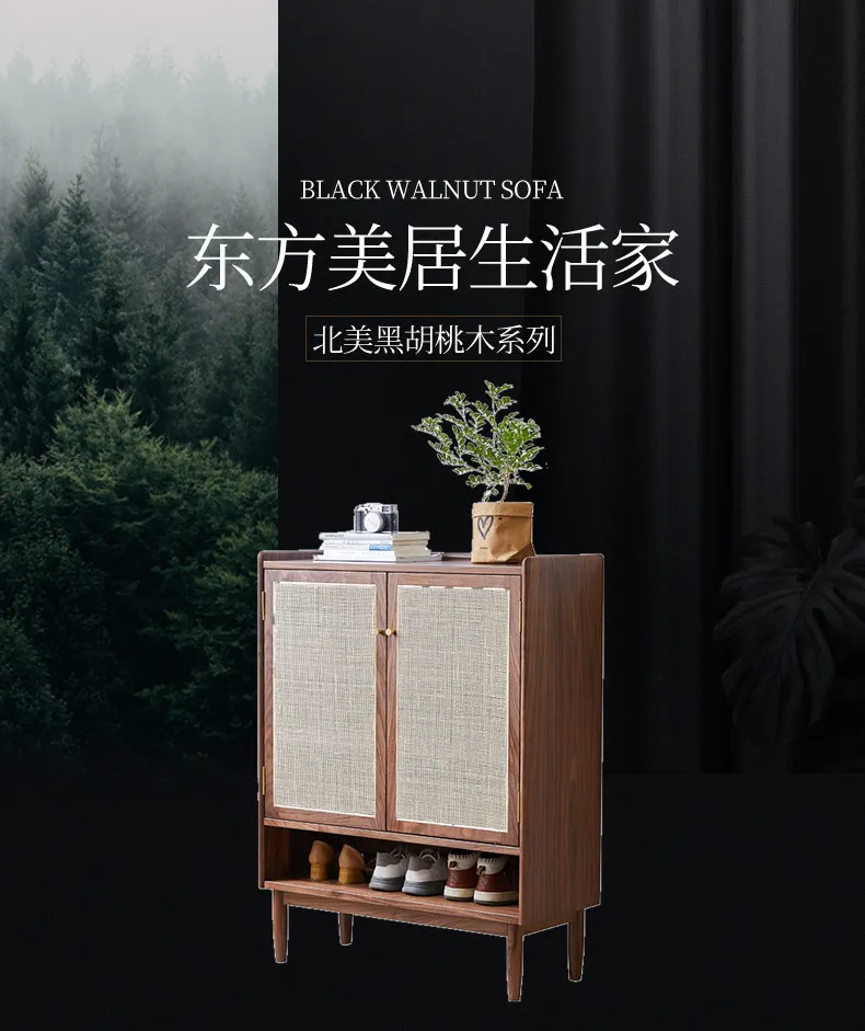 For New Chinese Style North American Black Walnut Rattan Shoe Cabinet Entrance Storage Sideboard Song Aesthetic Wabi Sabi