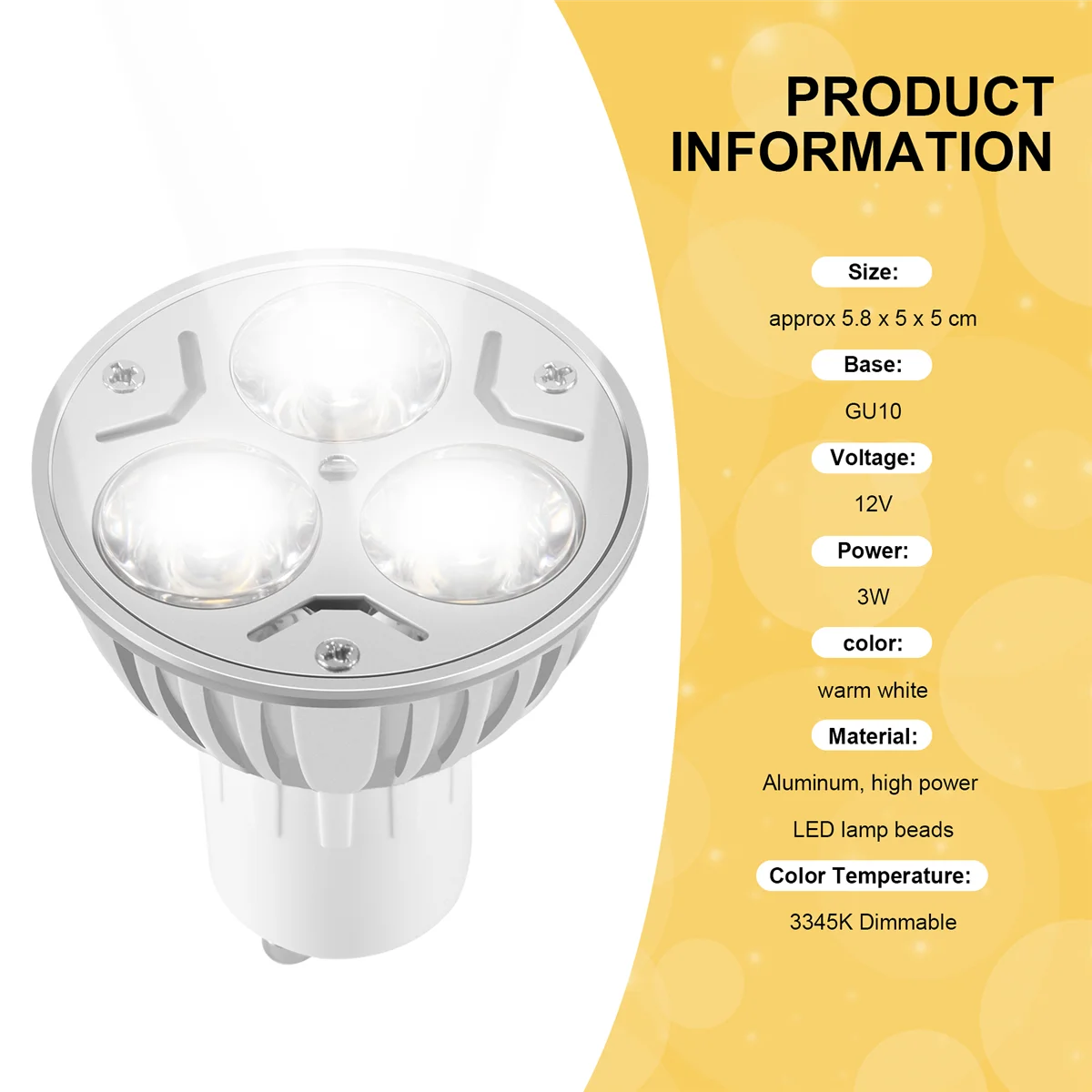 Bombilla de lámpara GU10, 3 LED, blanco cálido, 3W, 5W, 12V