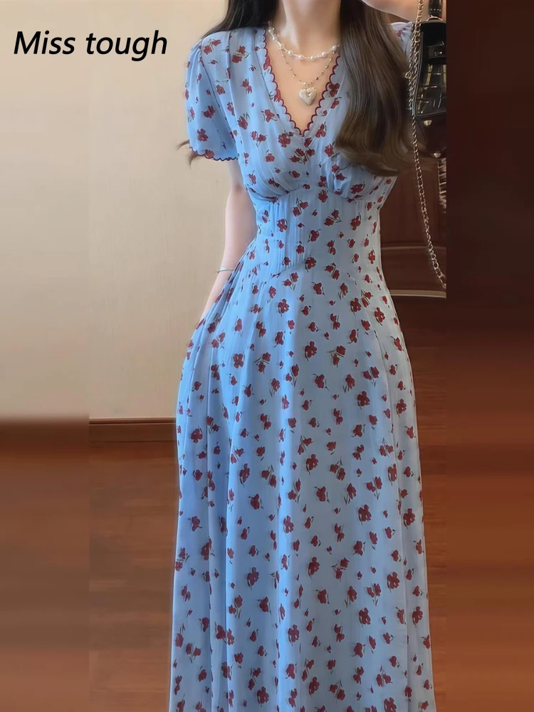 Vintage Floral Dress Women Elegant Lace Chiffon Korean Party Dress Puff Sleeve V Neck Midi Dress Fall Dresses for Women 2024
