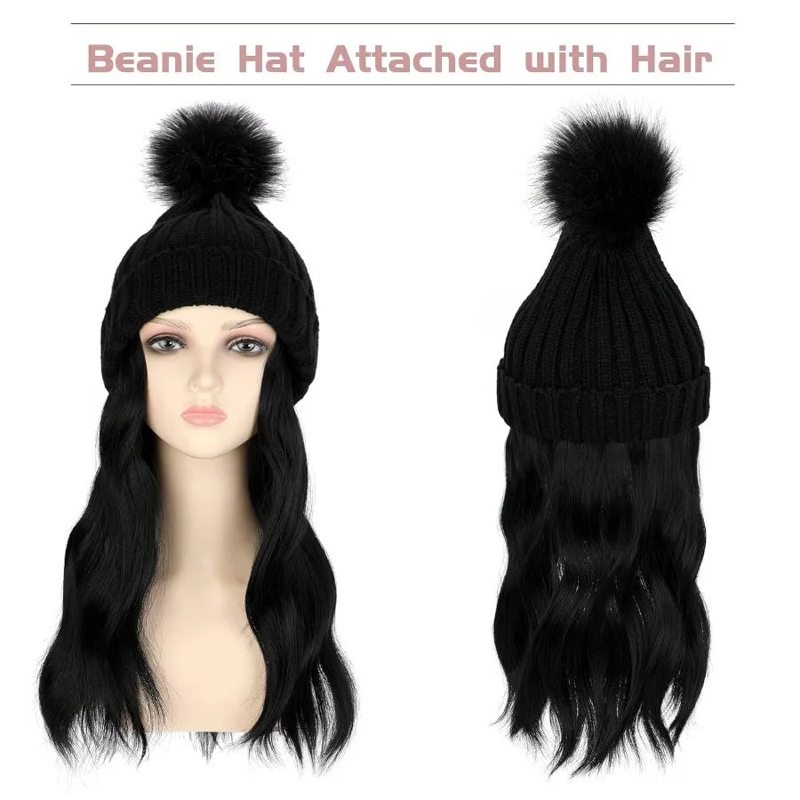 الشتاء المرأة الضلع قبعة متماسكة مع 14 '' انفصال مجعد متموج تطويلة شعر من الألياف شعر مستعار قبعة لدفء مريح وأنيق لوه