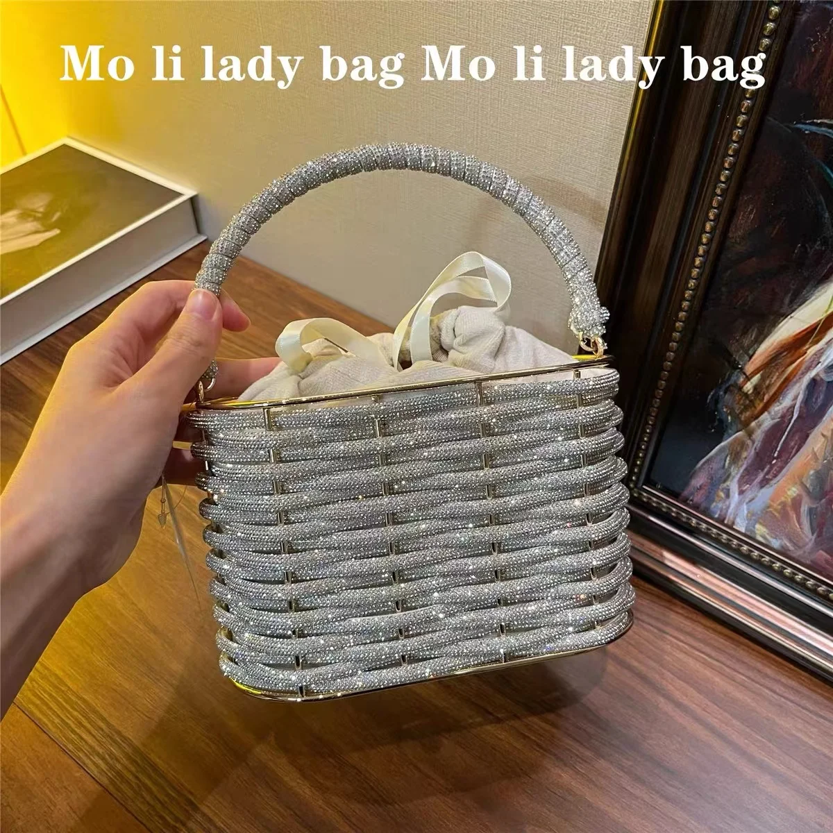 Luxury Metal Cage Rhinestone Rope Woven Women Handbag Glitter Shiny Diamond Evening Bag Wedding Party Clutch Purse Crossbody Bag