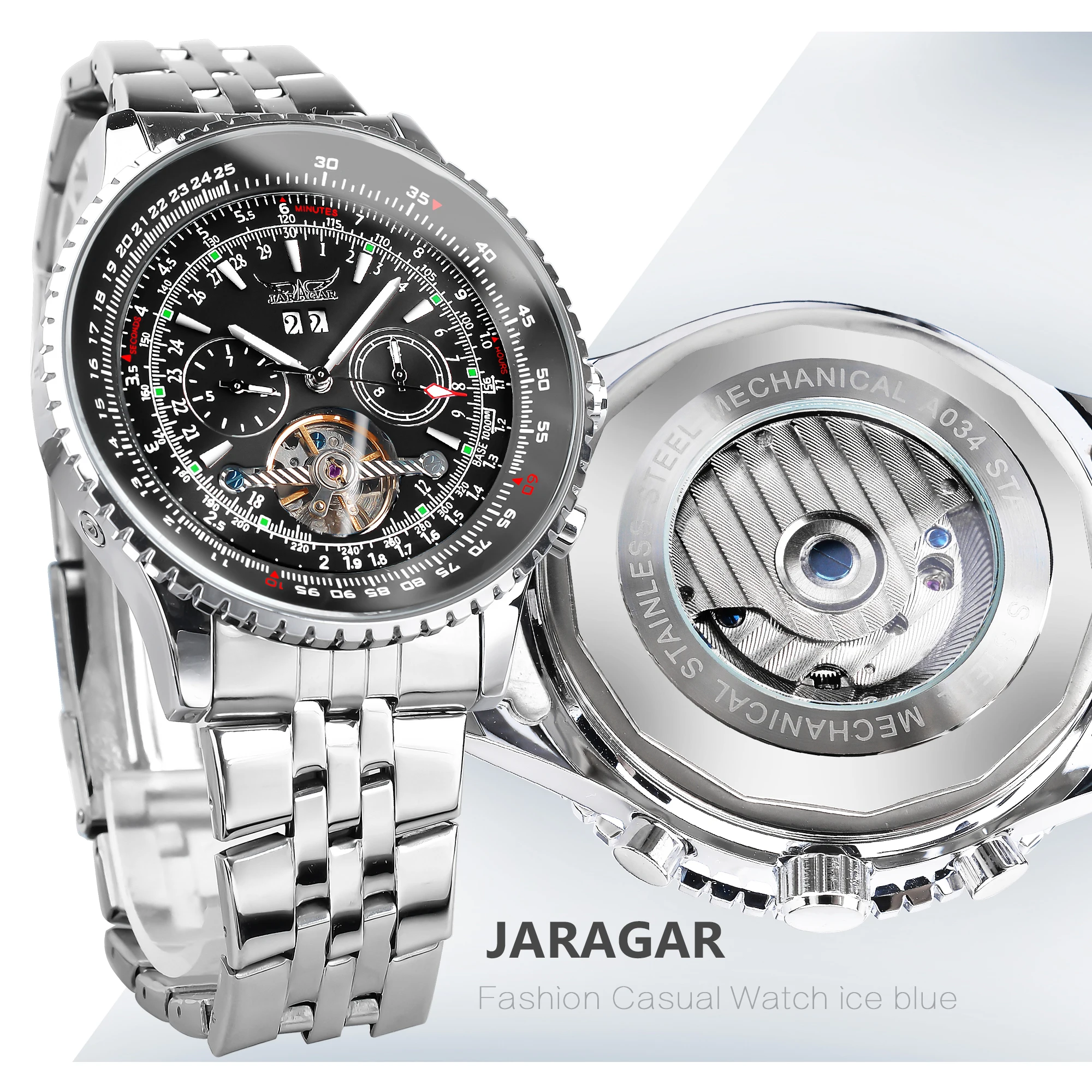 Jaragar męski automatyczny zegarek mechaniczny moda Tourbillon Luminous Hands wyświetlanie daty wojskowe zegarki sportowe ze stali nierdzewnej