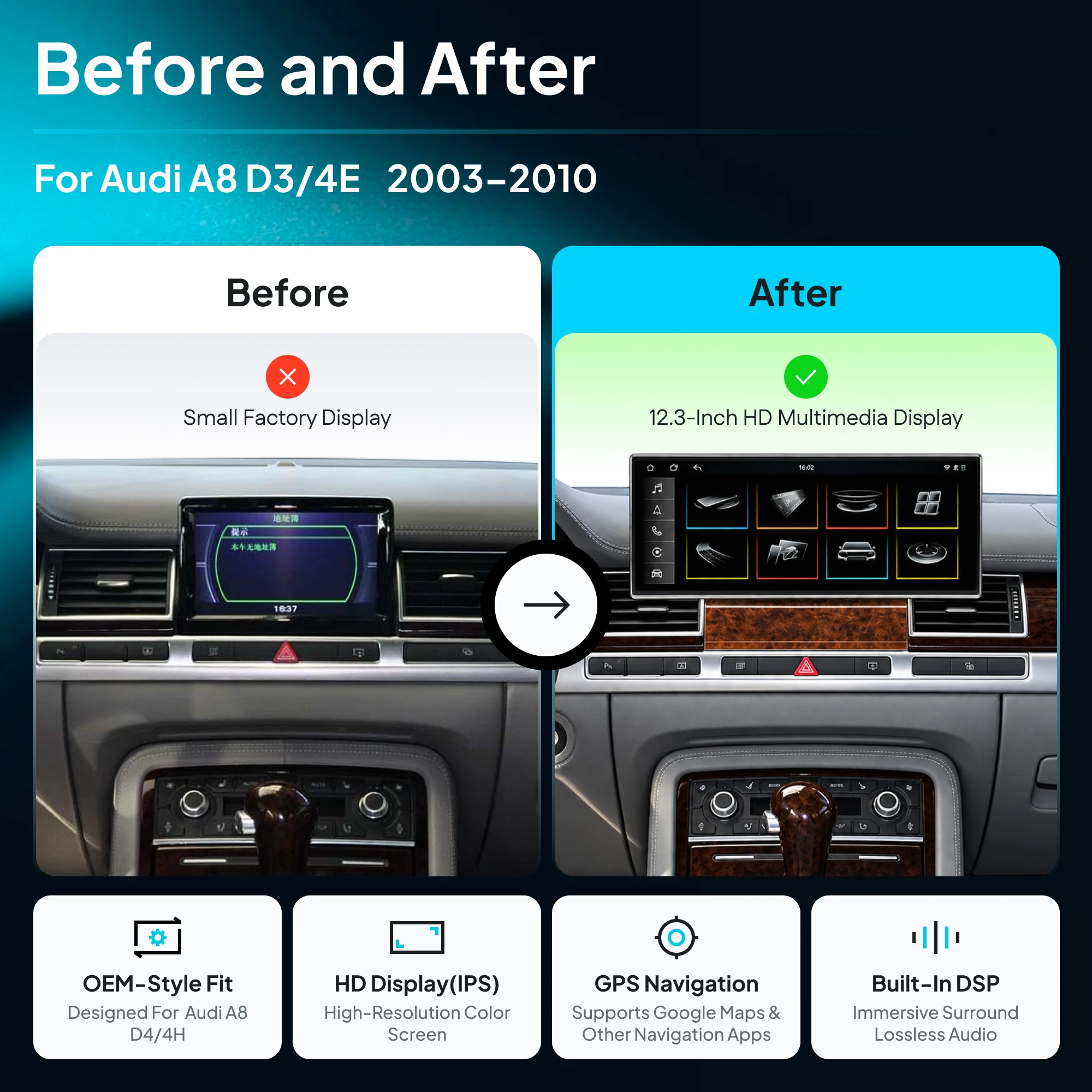 Wireless CarPlay Android Auto 12.3'' Android Multimedia display for Audi A8 D3/4E 2003-2010 GPS Car Radio Multimedia Player