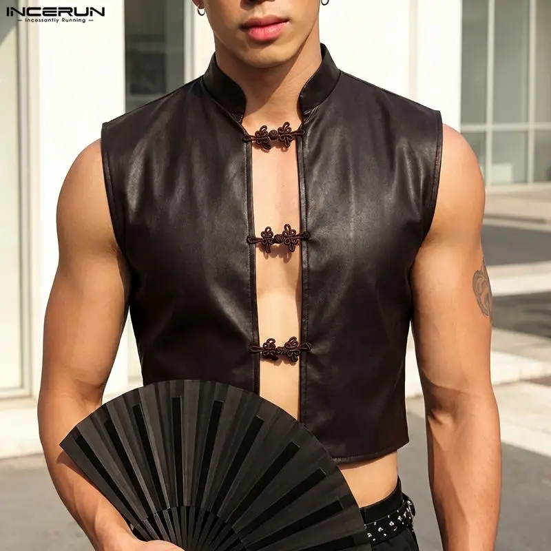 INCERUN Men Tank Tops PU Leather Stand Collar Sleeveless Crop Tops For Man Button Vintage Streetwear Solid Hollow Out Male Vests