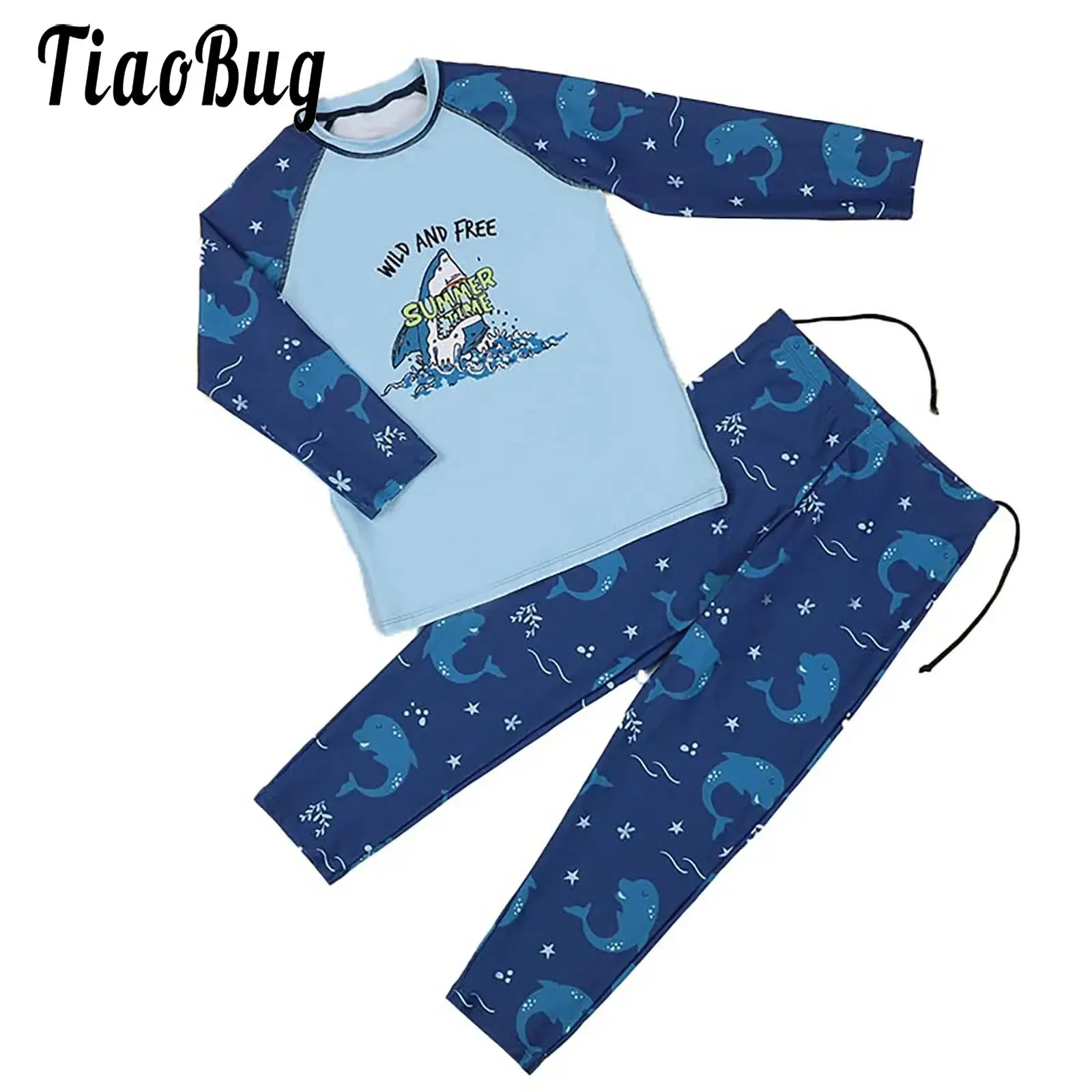 Kids Boys Swimsuit Swimwear Rash Guard Long Sleeve Top Long Pants Set with Cartoon Pattern Kids Surfing Beach Swimwear Swimming