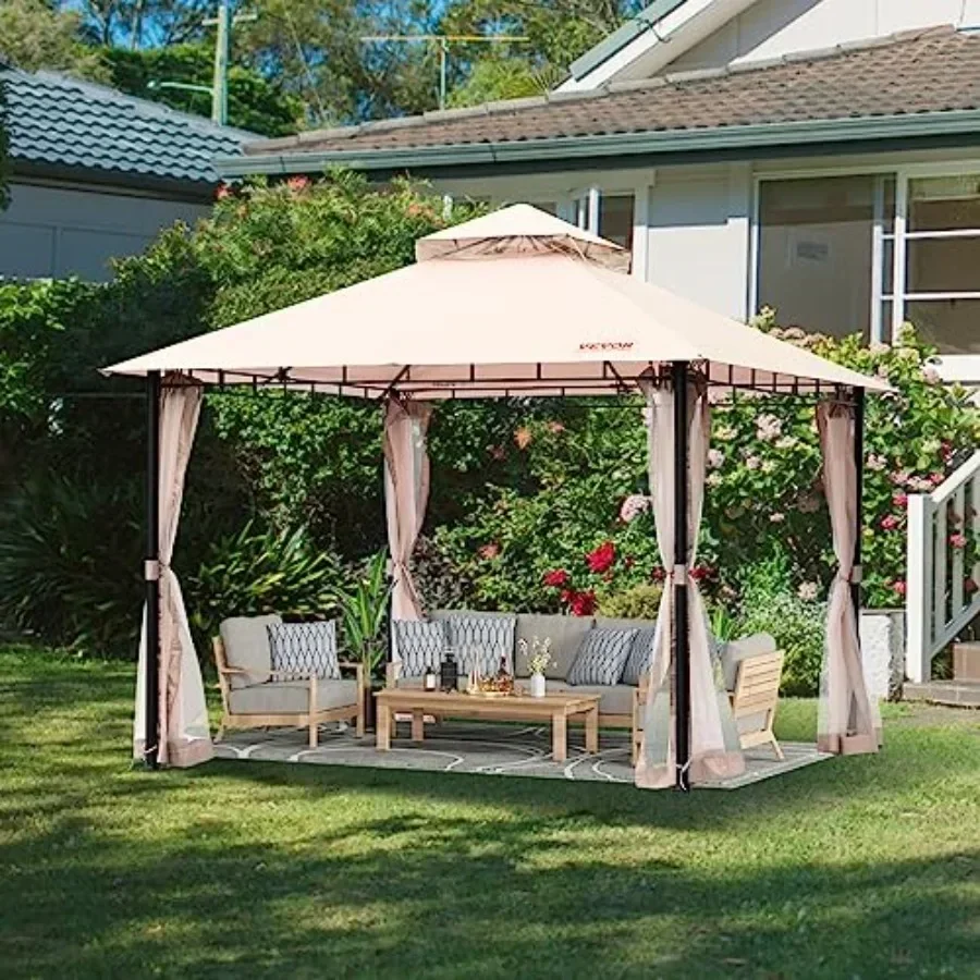 Patio Gazebo for 6-8 Person Backyard Gazebo with Mosquito Netting Metal Fe and PU Coated 180G Polyester Outdoor  Shelter for Pa