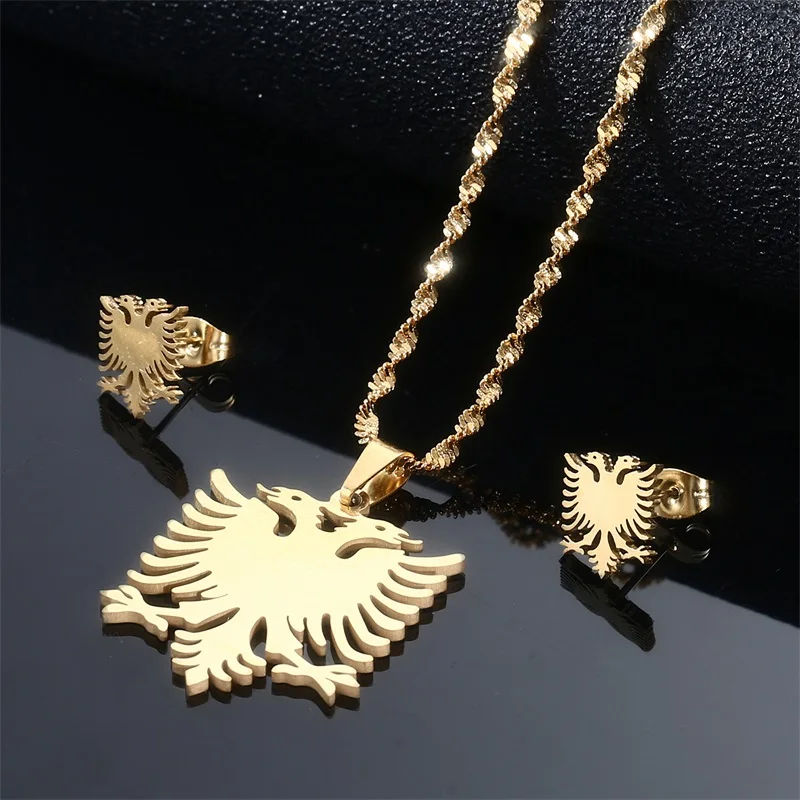 Albania Eagle Necklaces Earrings Sets Stainless Steel Jewelry Ethnic Women Girl