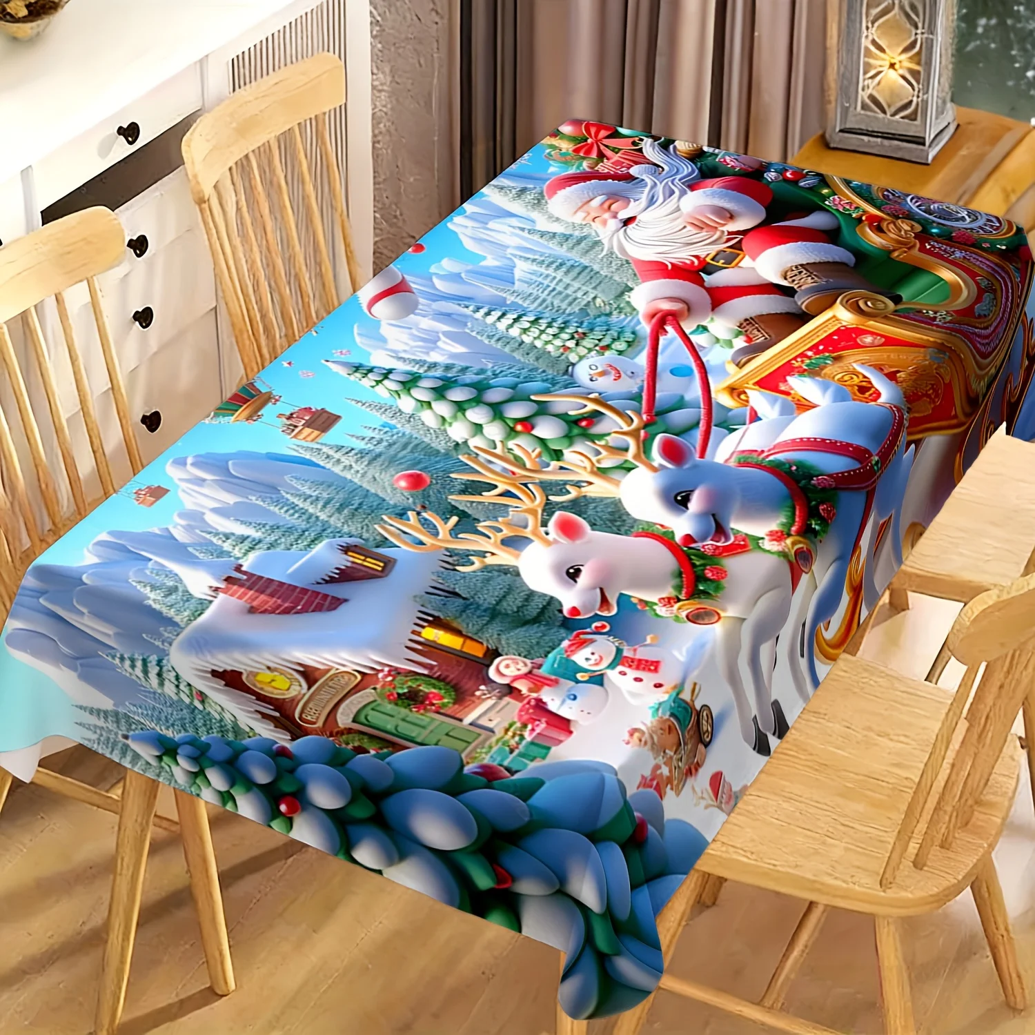 1pc 2D Flat Tablecloth, Santa Reindeer Sleigh Snowy Cabin Tree Snowman Gifts Hot Air Balloon Printed Rectangle Tablecloth
