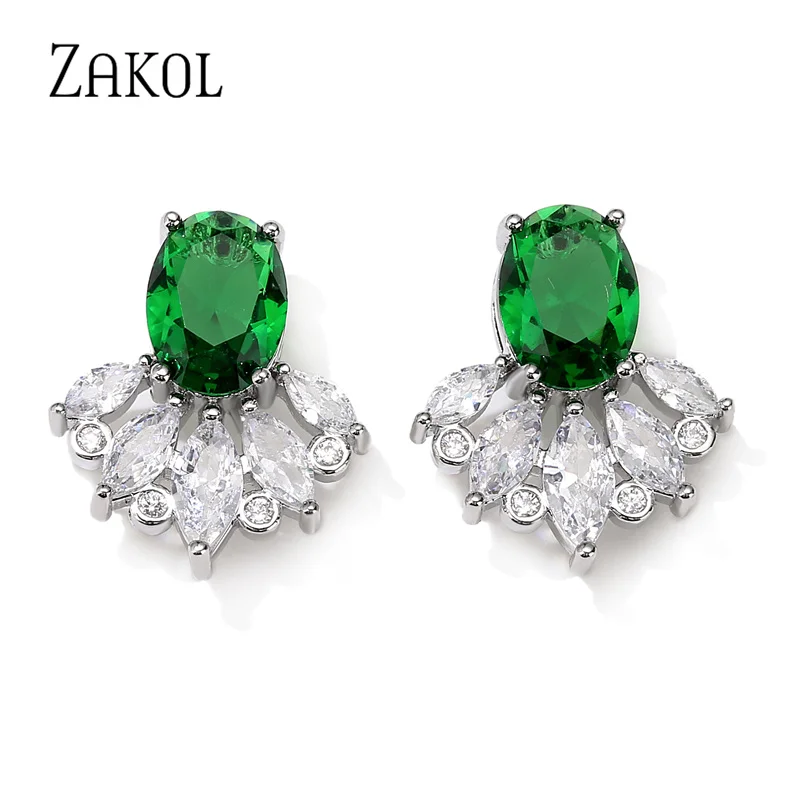 ZAKOL Shinny Sector Cubic Zircon Stud Earrings for Women Fashion Green Oval Crystal Girls Party Jewelry