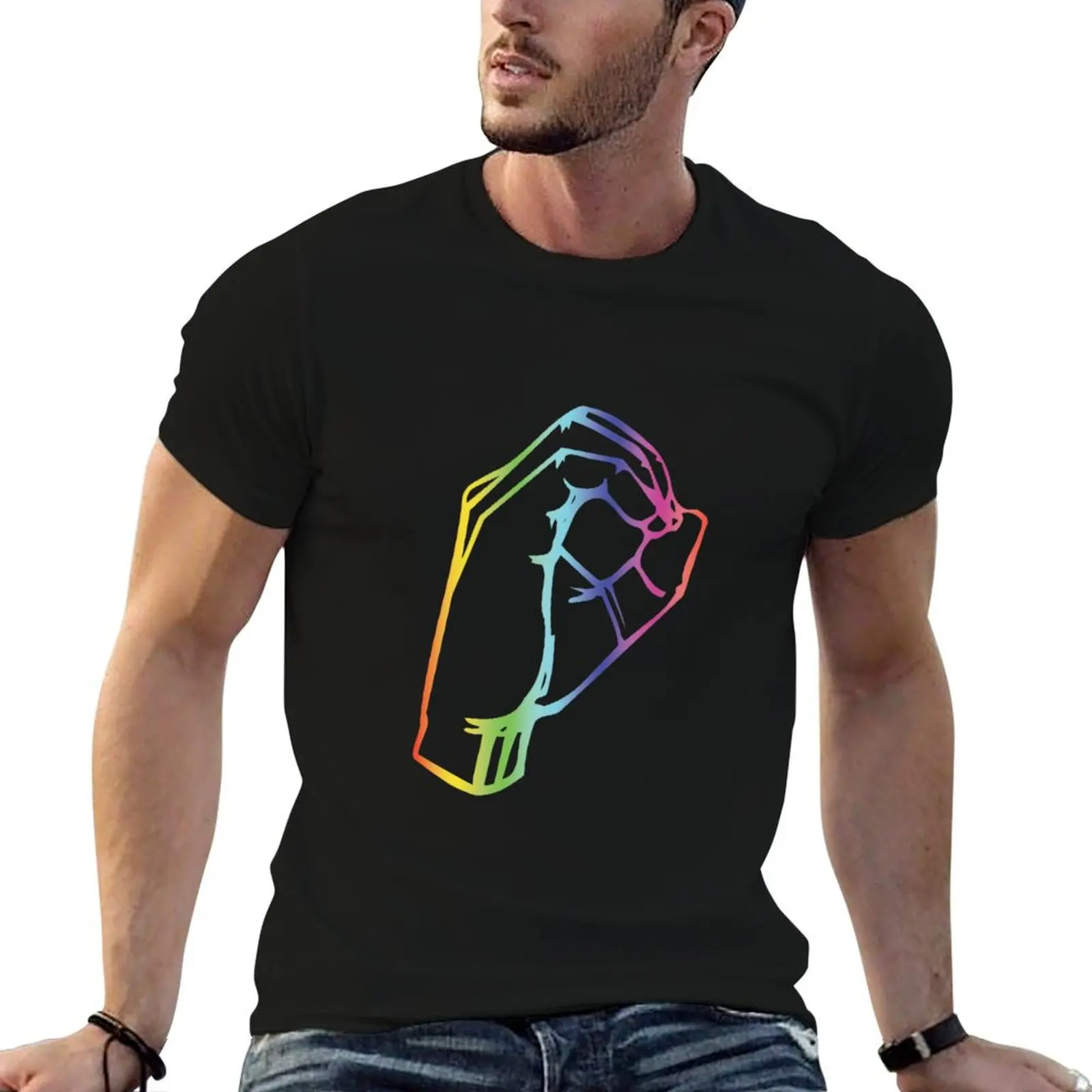 O American Sign Language ASL Rainbow T-Shirt blue archive customs t shirt men 100℅ cotton