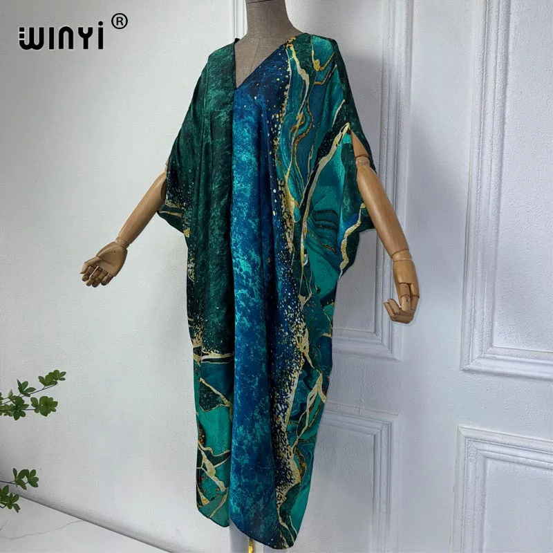 WINYI Summer african V-neck dress Printed beach wear women 2024 Loose Femme Robe Muslim beach cover ups silk feel evening dress