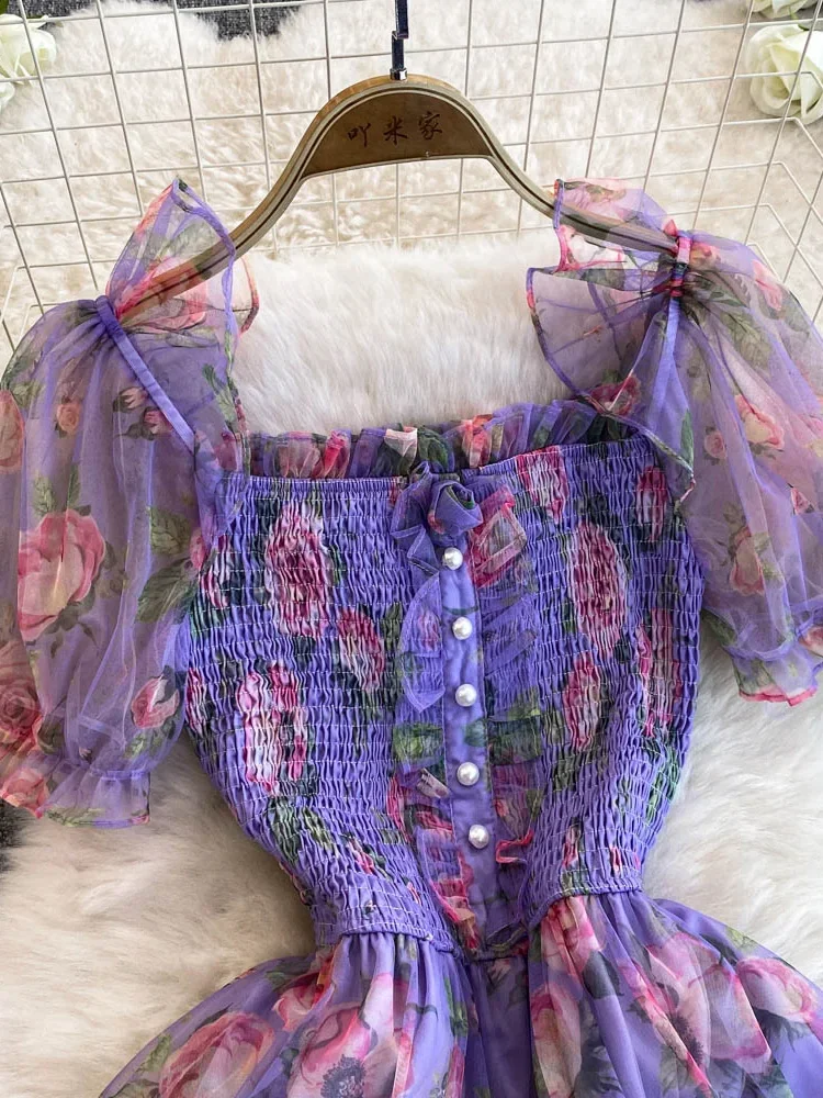 Summer Women Floral Mesh Midi Dress Sweet Square Collar Short Puff Sleeve Ruffle Vestidos Female Elegant Purple/Green/Red Robe