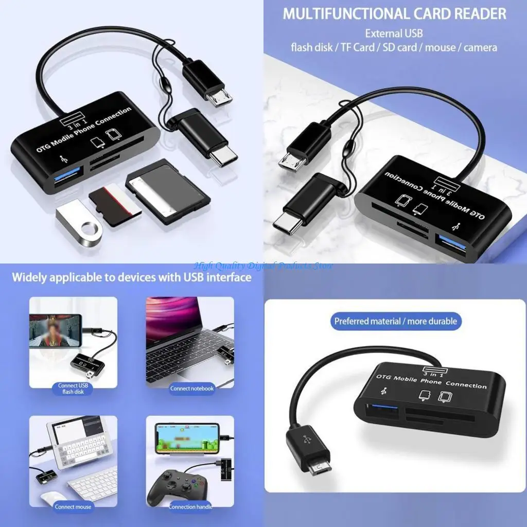 

U2JE 3 in 1 Type-c Micro USB TF Phone OTG Card Reader Host Adapter Card Reader for for Galaxy Note2 Tablet
