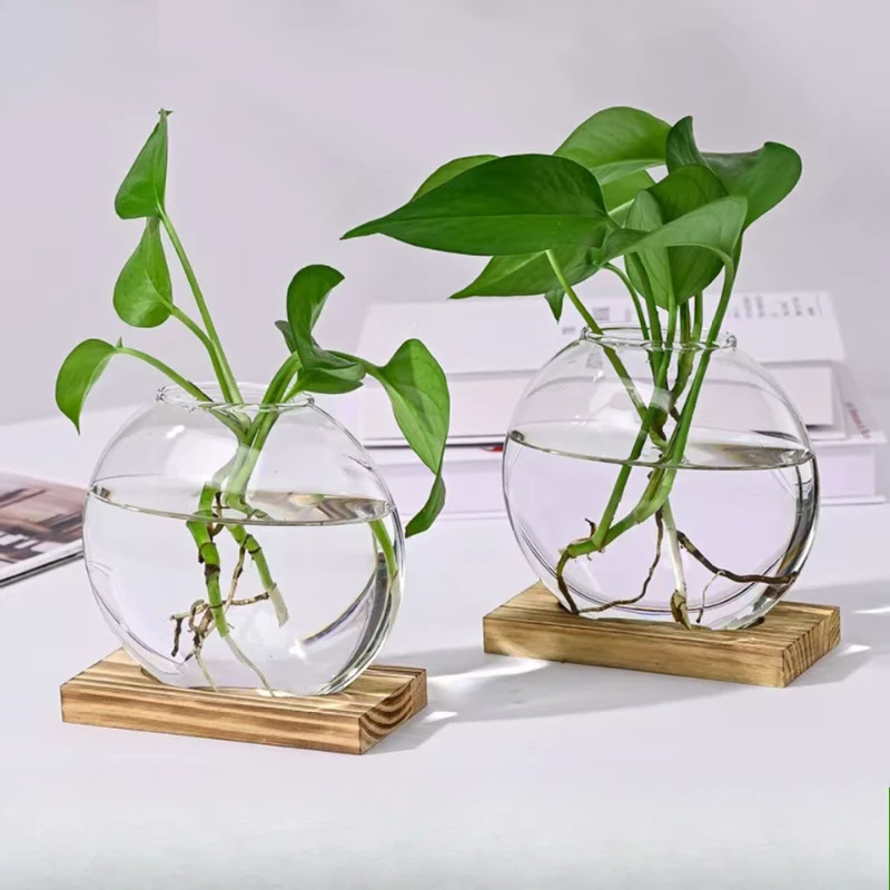 Creative Wooden Base Glass Vase, Green Ivy Plant Transparent Flowerpot, Home Decoration, Office Desktop Display Item