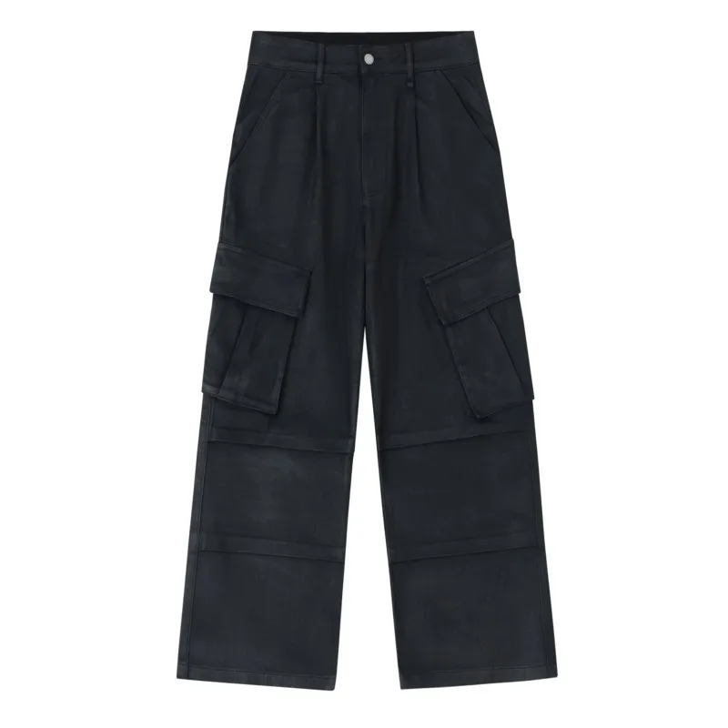 Brush Wax Coating Large Pocket Loose Wide Leg Jeans Hip Hop Men's and Women's Trousers Pants