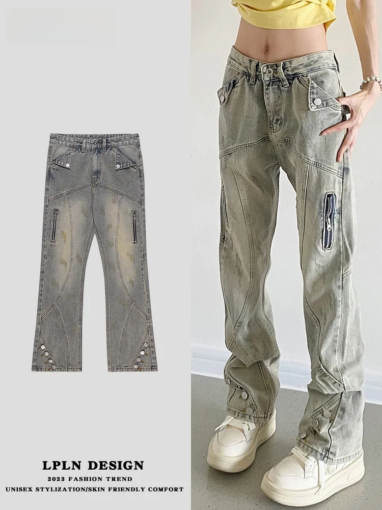 

LPLN American Street Yellow Mud Dyed Jeans Men High Street Vibe Straight Leg Slimming Micro Flared Long Trousers