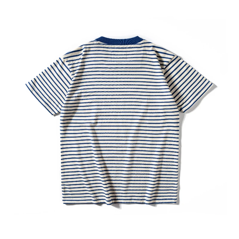 Washed Retro Sea Soul Breton Striped T Shirt Men Heavyweight Original Square Neck Short Sleeve Casual
