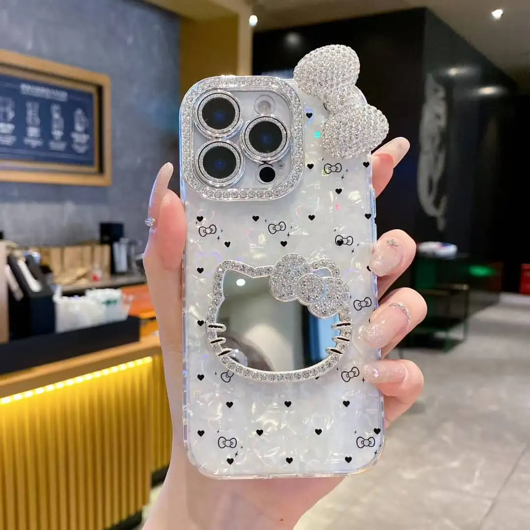 مجسمة لطيف القط مرآة لوضع مساحيق التجميل جراب هاتف آيفون 16 15 14 برو ماكس 14 15 زائد 13 12 11 الكرتون فتاة الماس شل غطاء