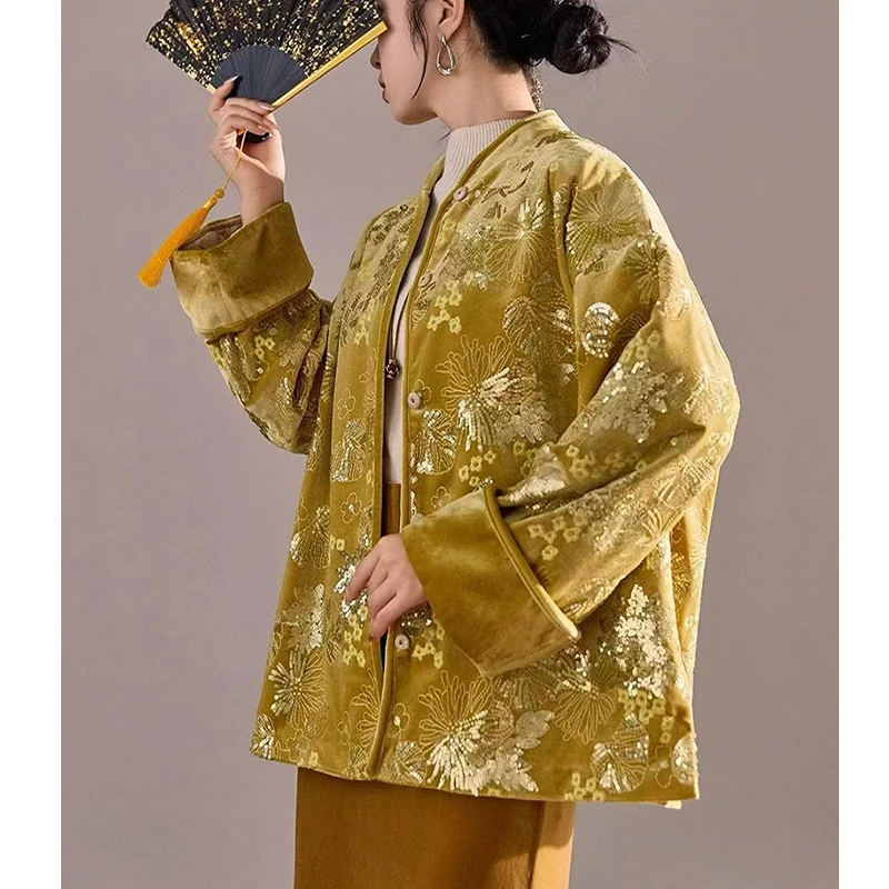 Autumn New Chinese Style Stand Collar Velvet Fabric Sequined Flower Embroidery Design Noble and Elegant Women's Coat S-L