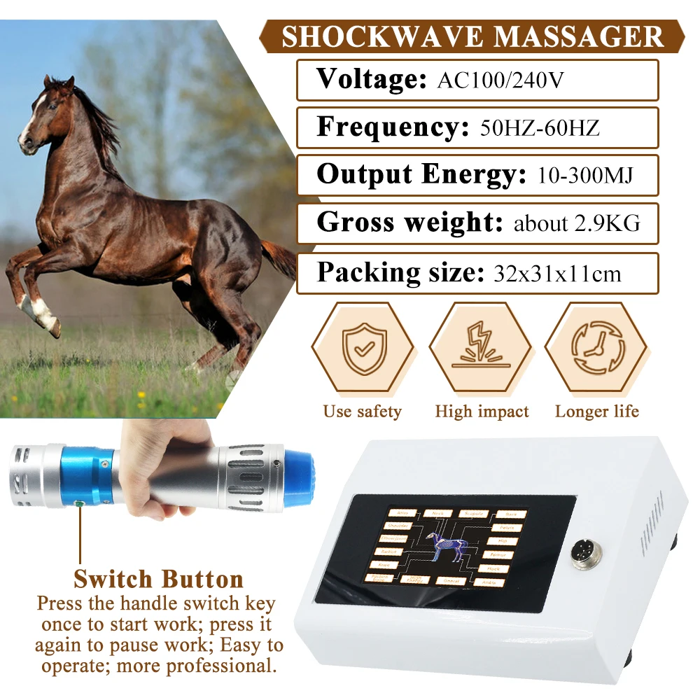 300MJ Physiotherapy Shock Wave Machine For Relief Pain And Treat Tendon Injury Professional Animals Shockwave Massager Horse Use
