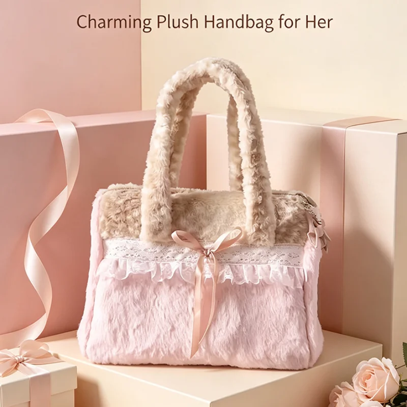 Winter Fluffy Plush Tote Bag for Women Sweet Lace Ruffle Bow Design Large Capacity Soft Casual Handbag Daily Shoulder Bag