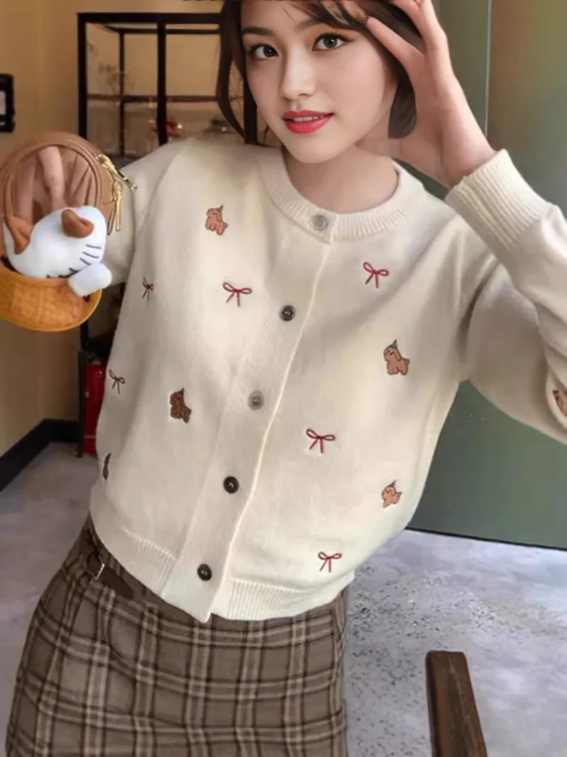 Cardigan women sweater 2026 new fashion sweet cartoon embroidered autumn short knitted coat women's sweater clothing