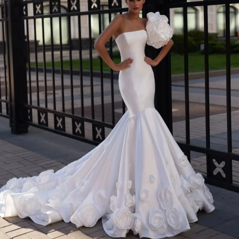 

Satin White Appliques Wedding Dresses off-shoulder 3D flower Fishtail Skirt decal Gowns Made wedding dress Customized
