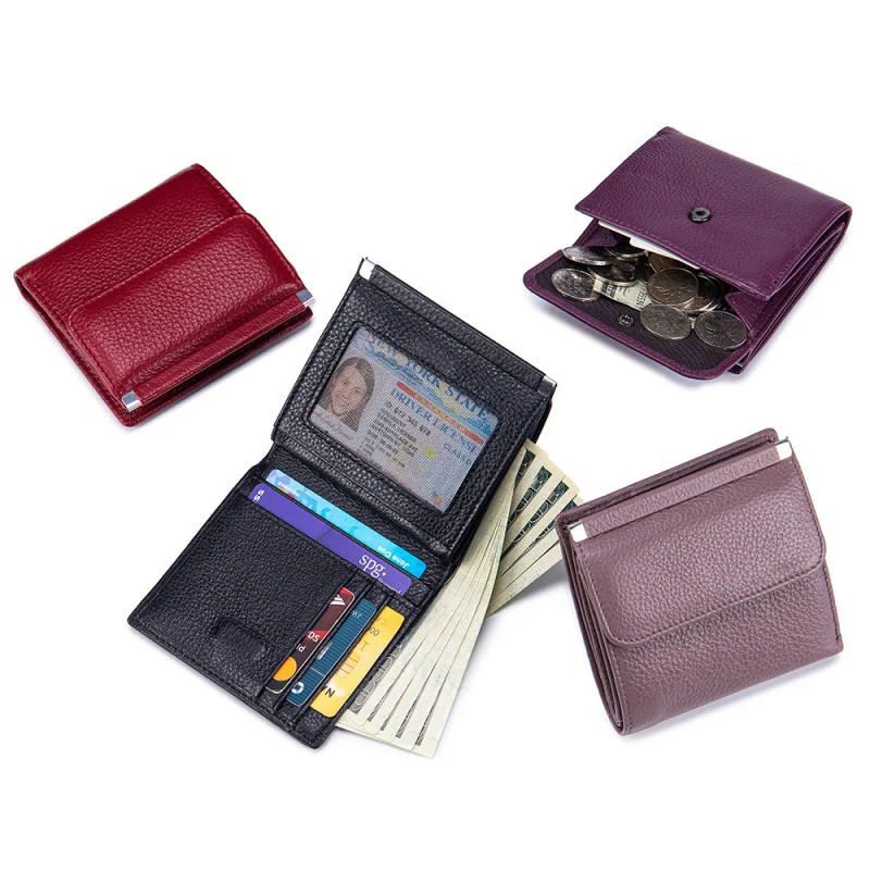 Western Cowhide Leather Multifunctional Floding Short Women Wallet Large Capacity Card Holder Coin Purse for Ladies