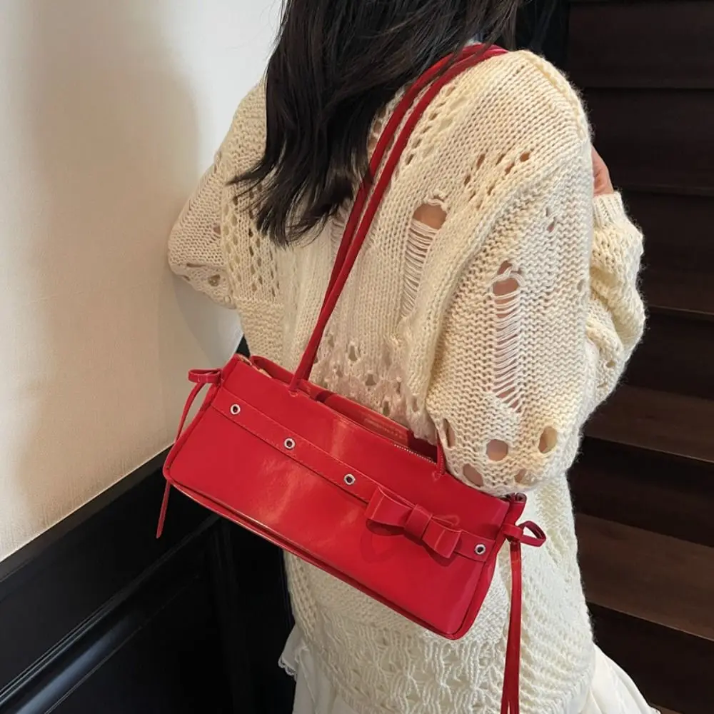 

Casual Sweet French Stick Handbag Bow Ribbon Y2K Bow Shoulder Bag PU Large Capacity Underarm Bag Girls
