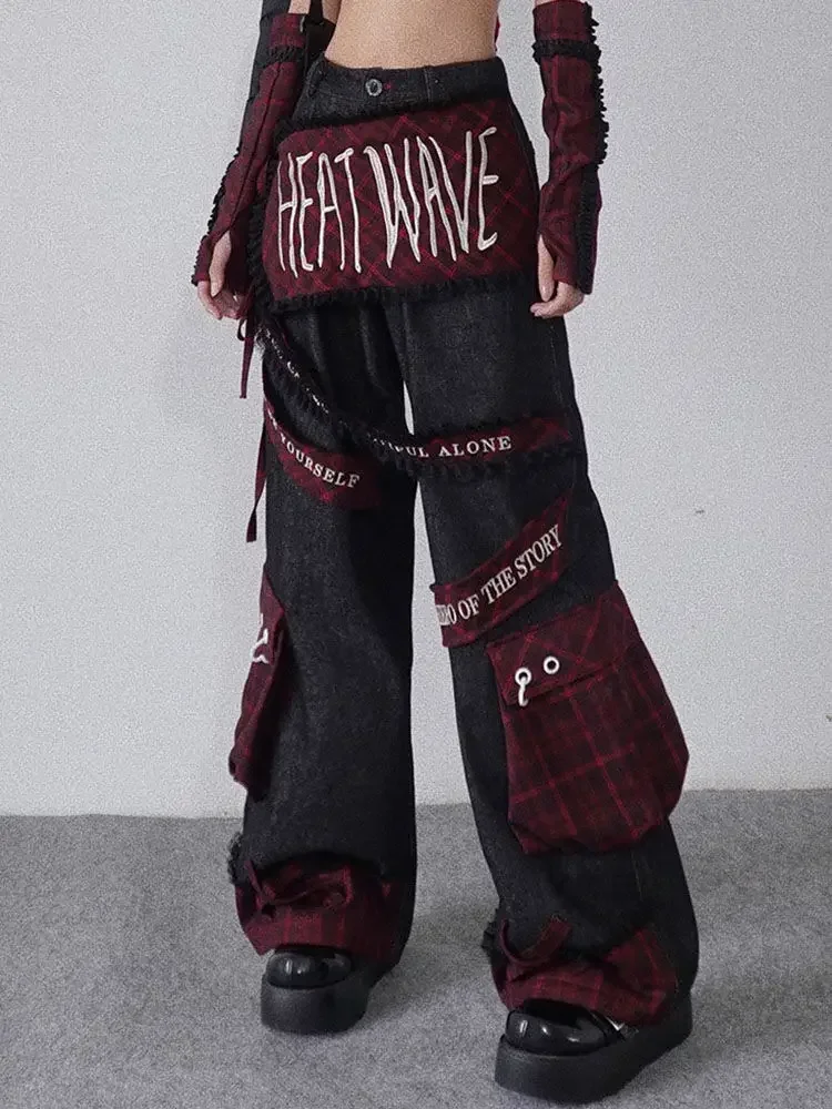 Embroidered patchwork red checkered multi pocket jeans with high waist and slimming effect floor length pants baggy jeans women