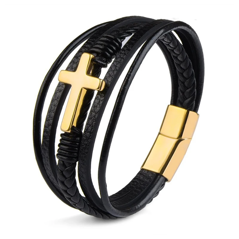 Hot Multi-layer Hand-woven Rope Magnet Buckle Cross Leather Bracelet Men\'s Punk Style Fashion Trend Personality Jewelry