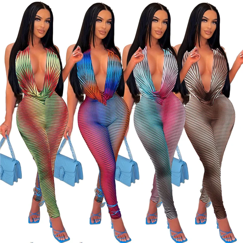 Colorful Striped Bodycon Jumpsuits Sexy Club Outfits for Woman Overalls Festival Clothing Party Club Jumpsuit Backless Rompers