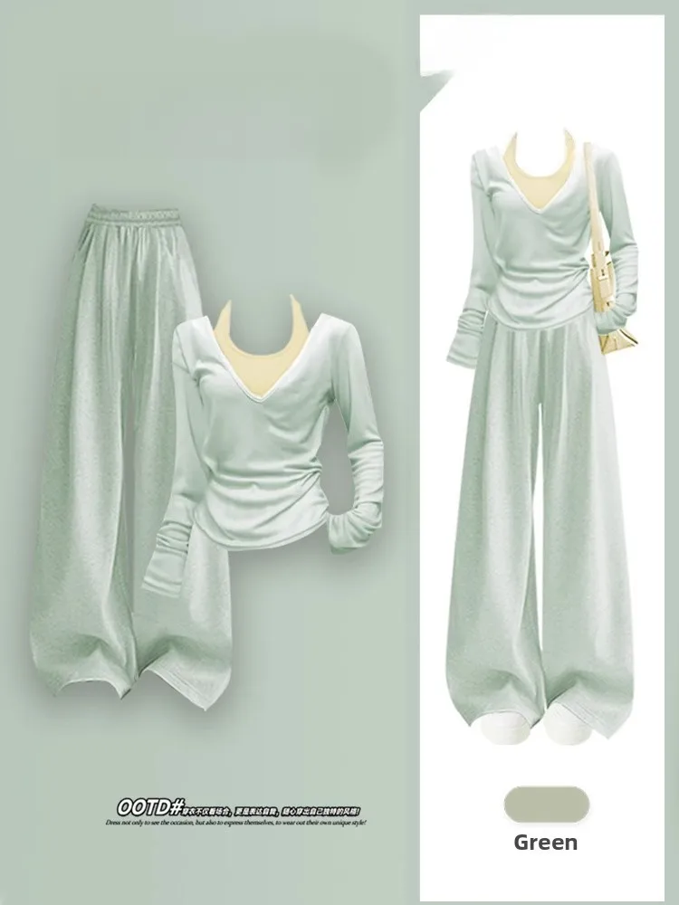 

Style plus Size Early Autumn Casual Women's Three-Piece Set Knitted Top Wide Leg Pants V-Neck T-Shirt Comfortable Fashion