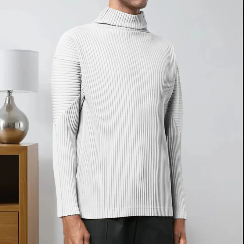Miyake Pleated T-shirt 2025 Autumn New Japanese High Neck Long-sleeved T-shirt Loose Casual Solid Color Bottoming Shirt Tops Men
