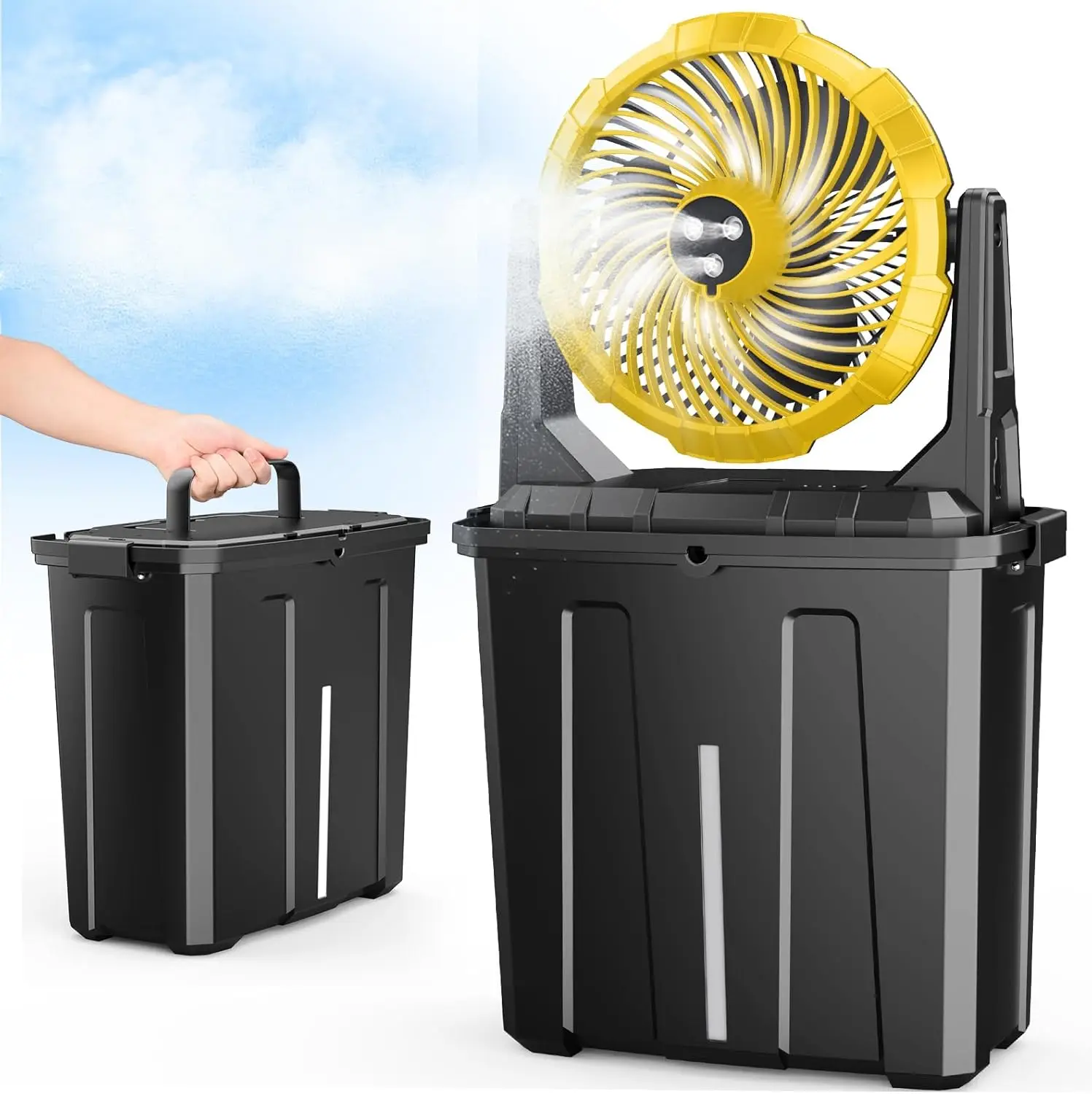 

Portable Misting Fan with 9L Bucket, 10-inch Outdoor Cooling for Patios, Camping, Beach - USB Rechargeable Battery Powered