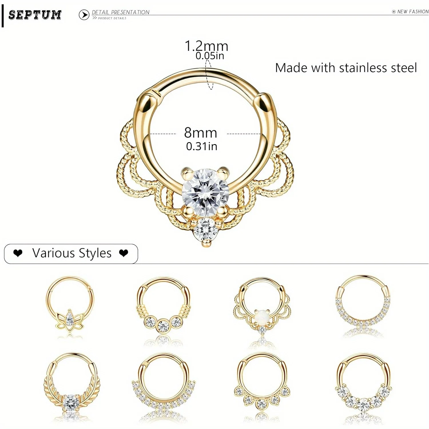 Drperfect 316L Stainless Steel Septum Rings Opal Daith Nose Rings CZ Cartilage Tragus Earrings Septum Clicker Piercing Jewerly