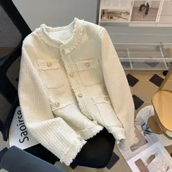 New Cropped Tweed Jackets Women Vintage Tassel Basic Short Coats Korean Elegant Single-Breasted Casual Outerwear Spring Autumn