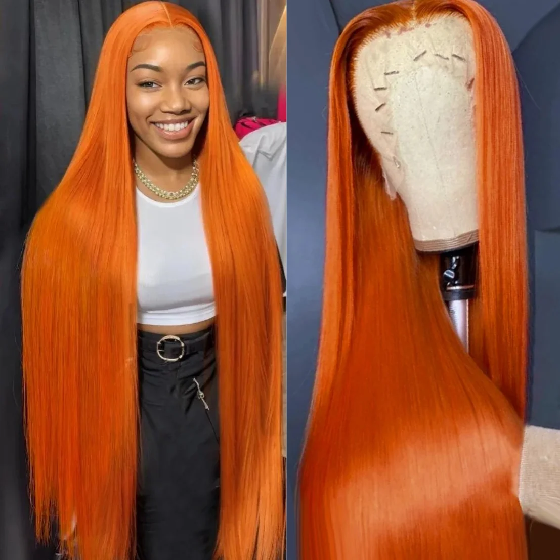 

350 Рыжий Оранжевый Прямые Парики Человеческих Волос 13X4 Hd Парики Фронта Шнурка 180% Плотность Предварительно Сорванные Бразильские Парики Человеческих Волос Для Женщин