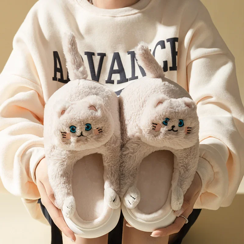 Cat Slippers Women Men Winter Home Slides Kawaii Floor Shoes Furry Slippers Girl White Mules Funny Cute Gift Slippers 2024