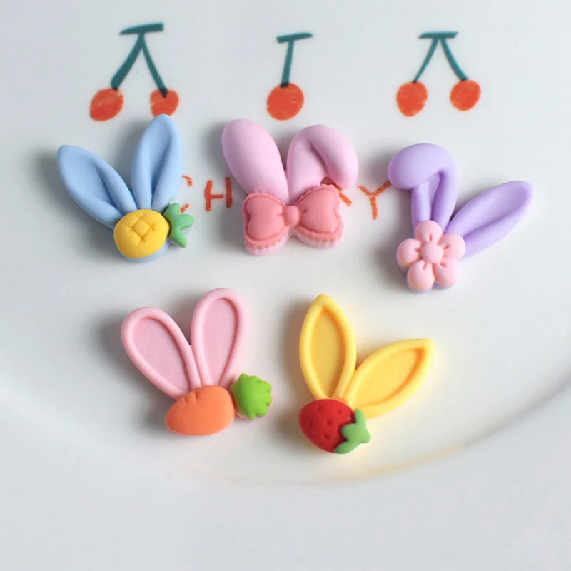 10Pcs Kawaii Cute Fruits Rabbit Ear Flatback Resin Cabochon Scrapbooking Hair Bows Center Accessories DIY Phone Case Decoration