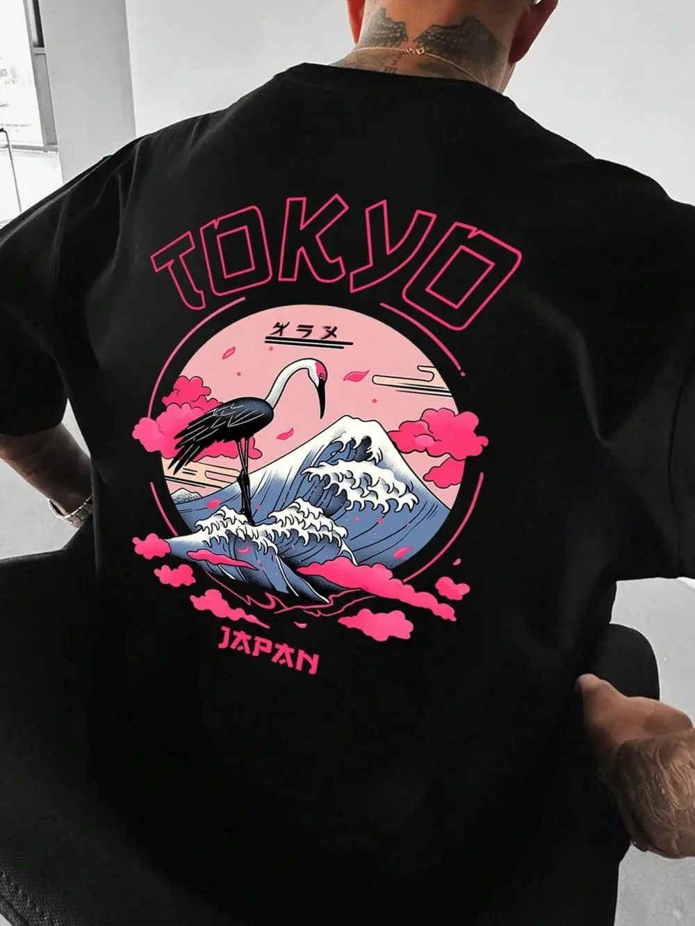 European and American men's summer landscape red crowned crane print soft and breathable round neck T-shirt outdoor street top