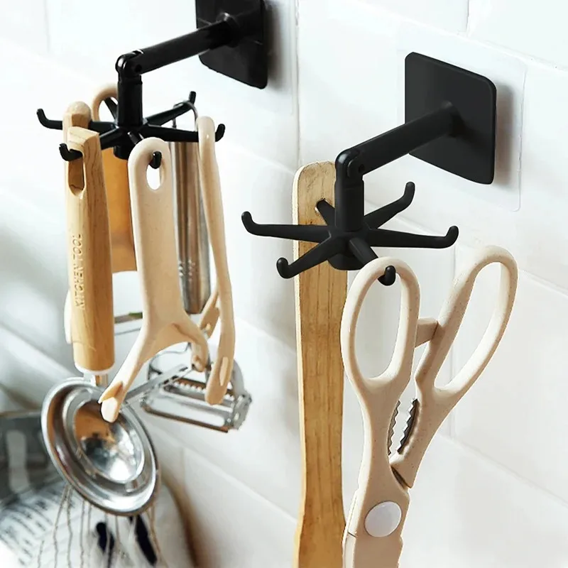 1pc 360 Degree Rotatable multifunctional Punch Free Six Claw Hook Kitchen Spatula Spoon Storage Wall Mounted Hanger past storage