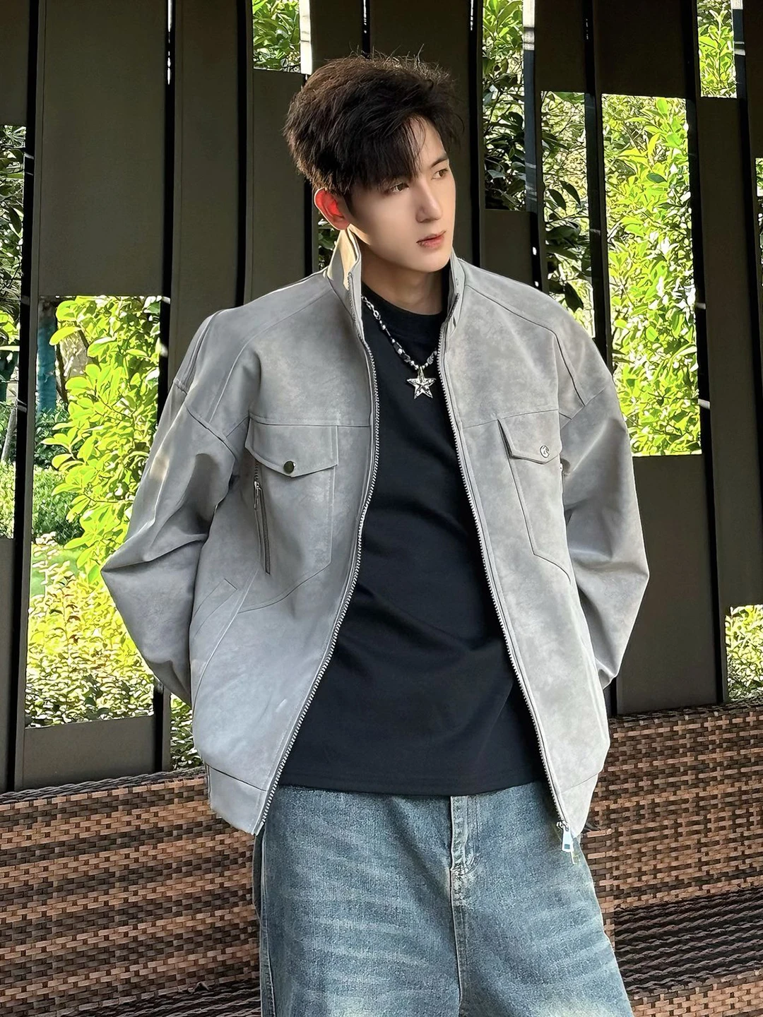 

Мужская куртка из искусственной кожи светло-серого цвета с воротником-стойкой, свободного кроя, для работы, байкерская, молодежная, для повседневного использования на улице