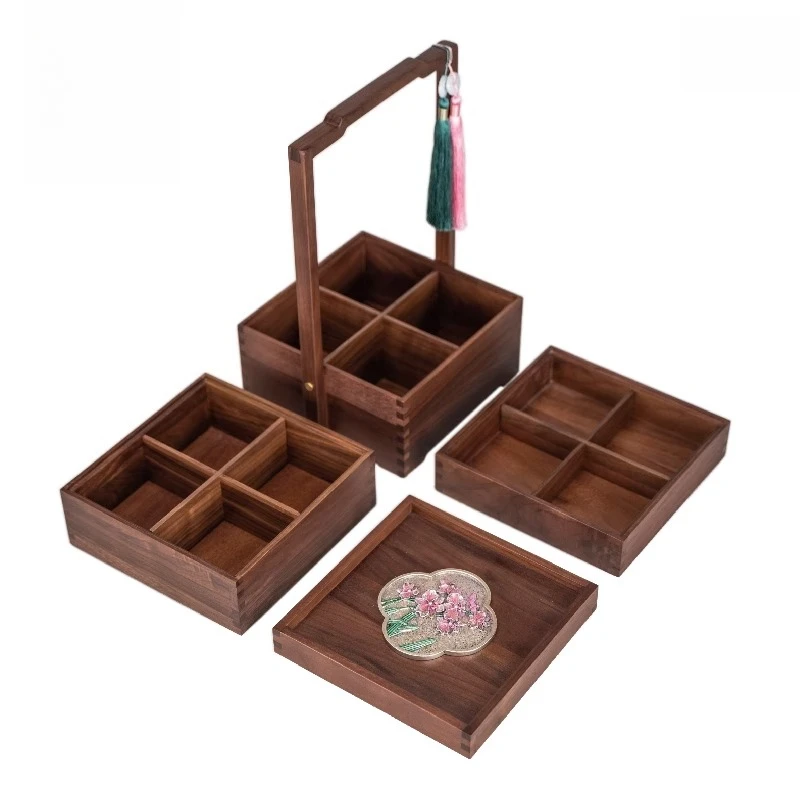 Food box Chinese solid wood cake box wooden tray dried fruit plate, antique snack box retro coffee break ornament