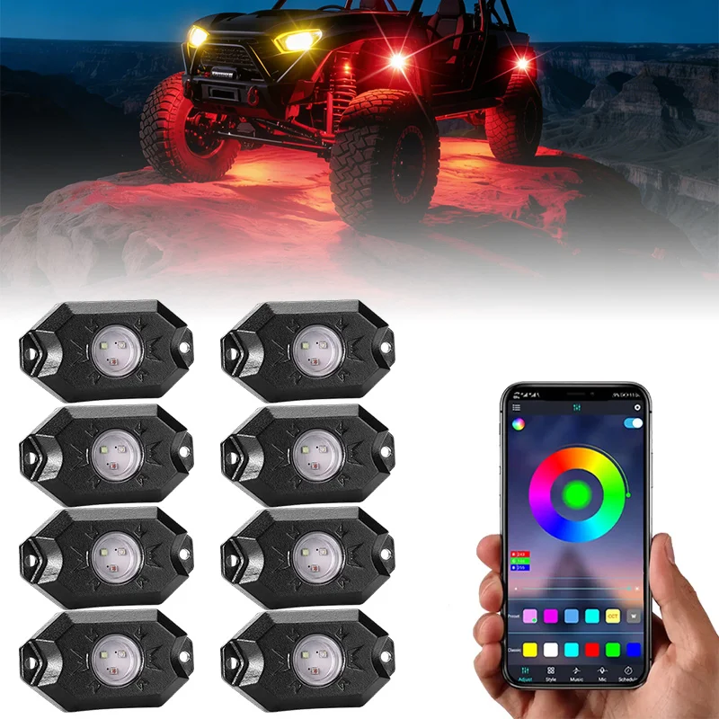 

8 шт. RGB LED-фонарей для внедорожников с функцией таймера и музыкальным режимом, многоцветные неоновые LED-лампы для квадроциклов, UTV, лодок, внедорожных мотоциклов