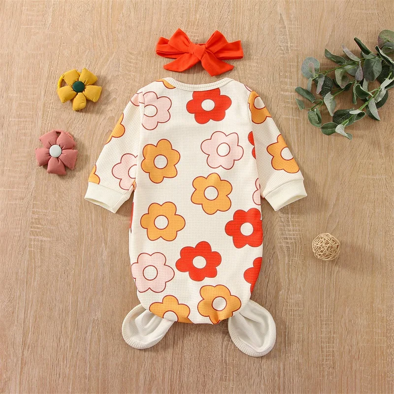 Baby Sleeping Bag Flower Print Long Sleeve Round Neck Design Sleeping Bag Bow Hairband Cute Two-piece Set