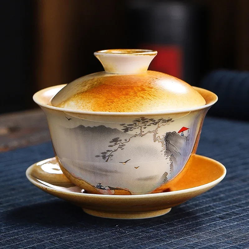 Yellow Wood-burning Ceramic Hand-painted National Trend Cover Bowl Tea Cup Bubble Tea Bowl Toast Bowl Single Kung Fu Set