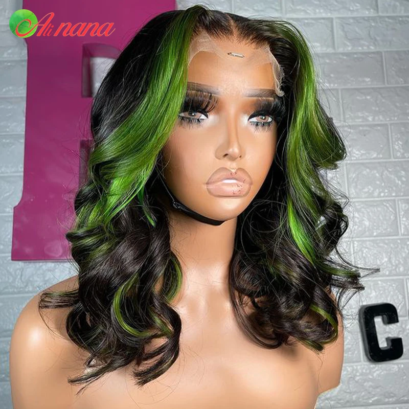 

Highlight Green Colored 13x4 Body Wave Lace Frontal Bob Wig Human Hair Wig 180% Density Big Front Wavy Short Bob Wig For Women