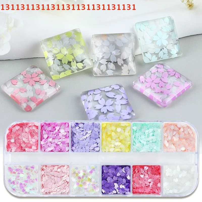 Copos holográficos para uñas, lentejuelas, polvo iridiscente mezclado, decoración de uñas, 6/12 rejillas, pétalos de flor de cerezo, lentejuelas brillantes para decoración de uñas