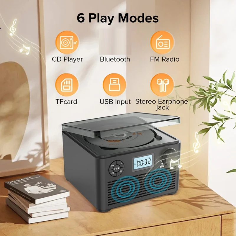 เครื่องเล่นซีดี Vintage 4000Mah Bluetooth Music Disk อัลบั้ม Disc เครื่องเล่นซีดีวิทยุ FM แบบพกพา